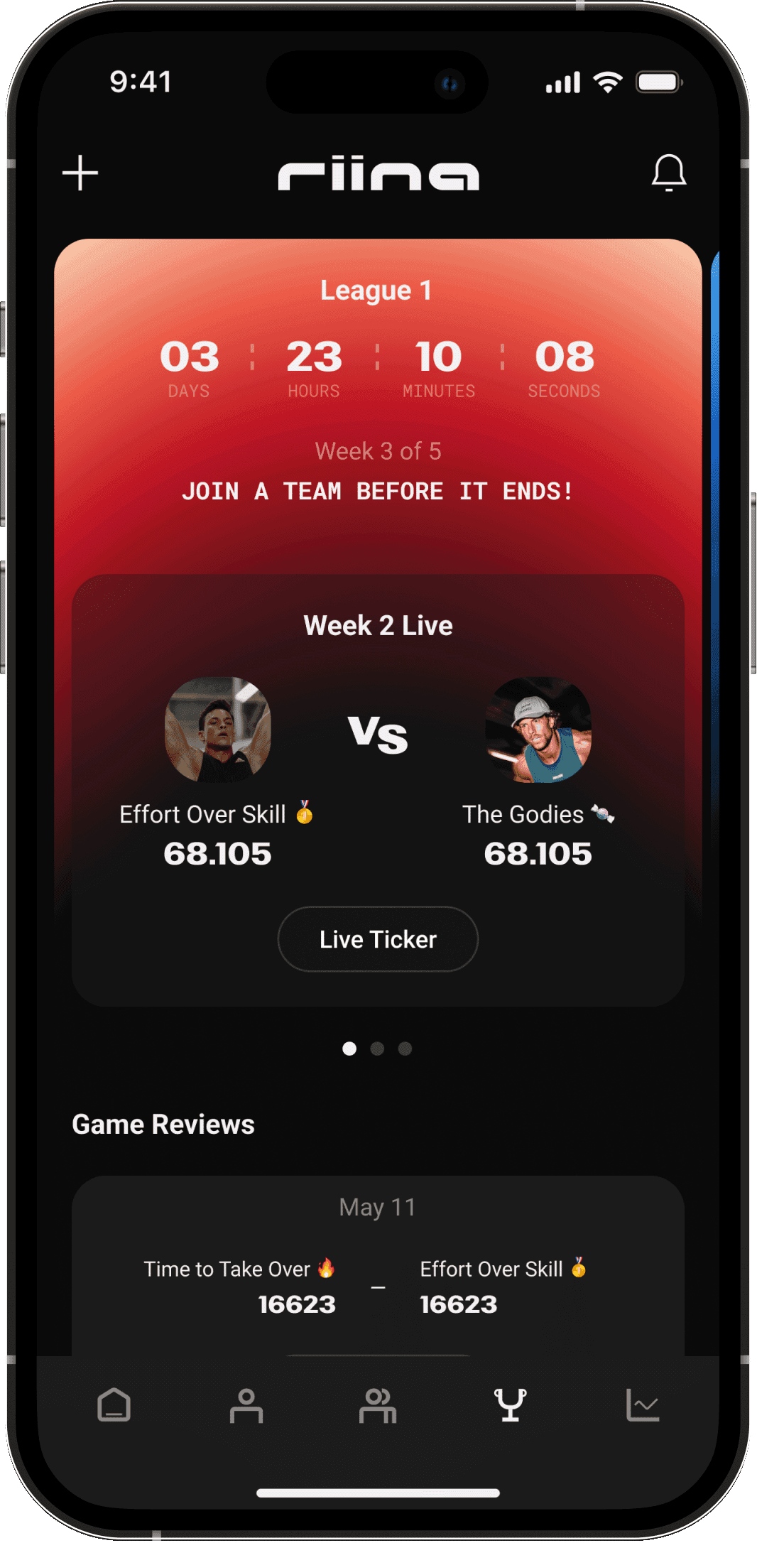 Riina app — League 1 matchup screen